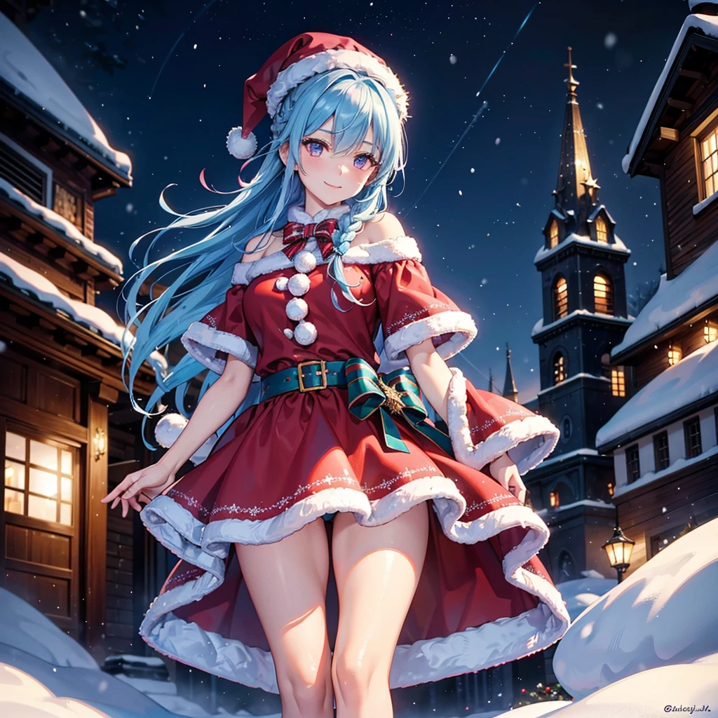 (Sky blue hair tied in a single strand),(Pink Eyes),Fair Skin,Full Body,Alone,smile,Santa Claus Clothes,Giant Christmas Tree in the Background,Snowy Night,Sparkling Night Sky,gift box,(Masterpiece, Top Quality, Very Detailed), Best Shadows,Detailed Background,Beautifully Detailed Face,High Contrast,Best Lighting, Very Delicate and Beautiful,Cinematic Light,Hyper Detail,8k,Dramatic Light,Exquisite Detail,Christmas colors,