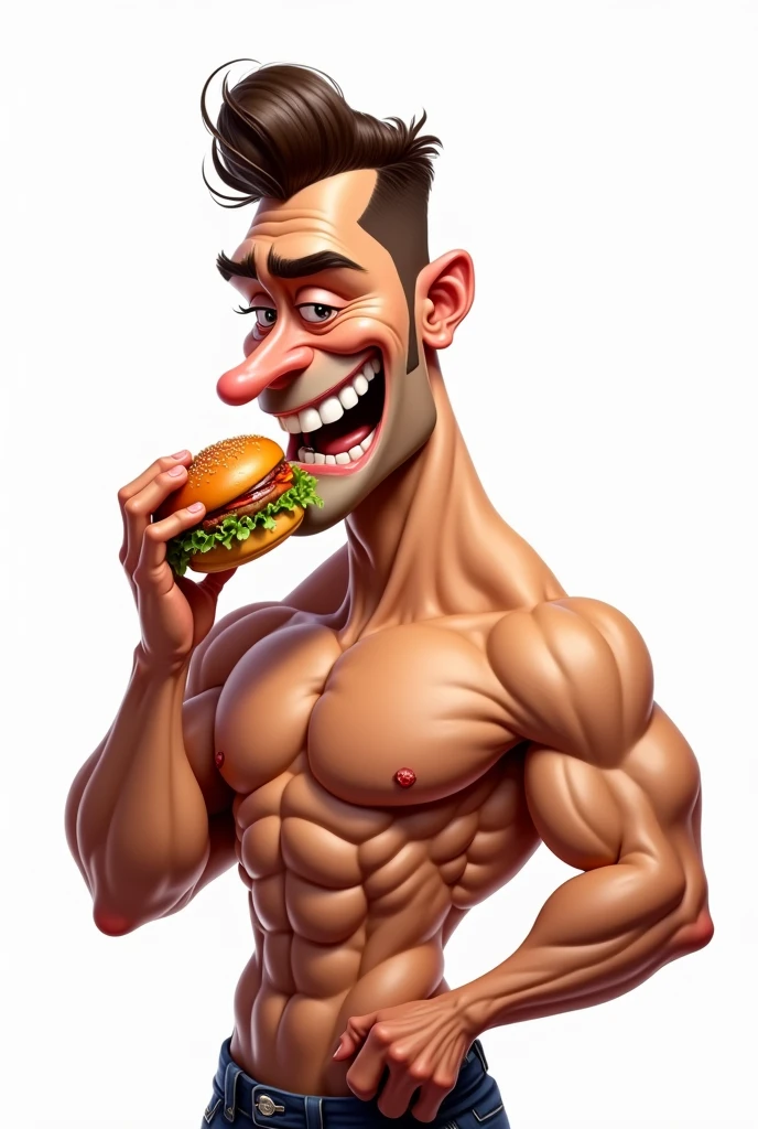 Generate a caricature a handsome muscular man, about to eat a burger on one hand, shirtless, white background, 