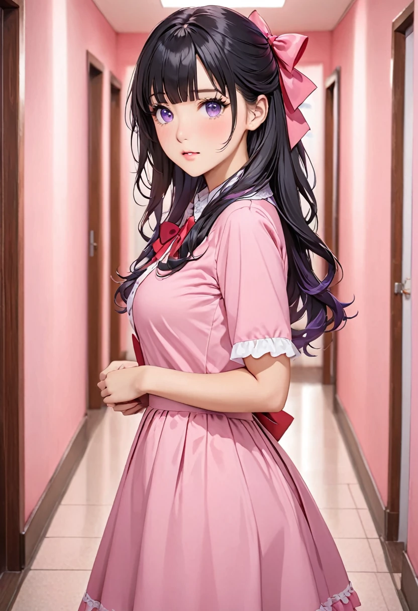 a woman with long black hair and a pink dress on in the hallway, 1girl, looking at viewer, solo, bow, indoors, hair bow, shirt, bangs, red hair, short sleeves, blush, purple eyes, breasts, skirt
