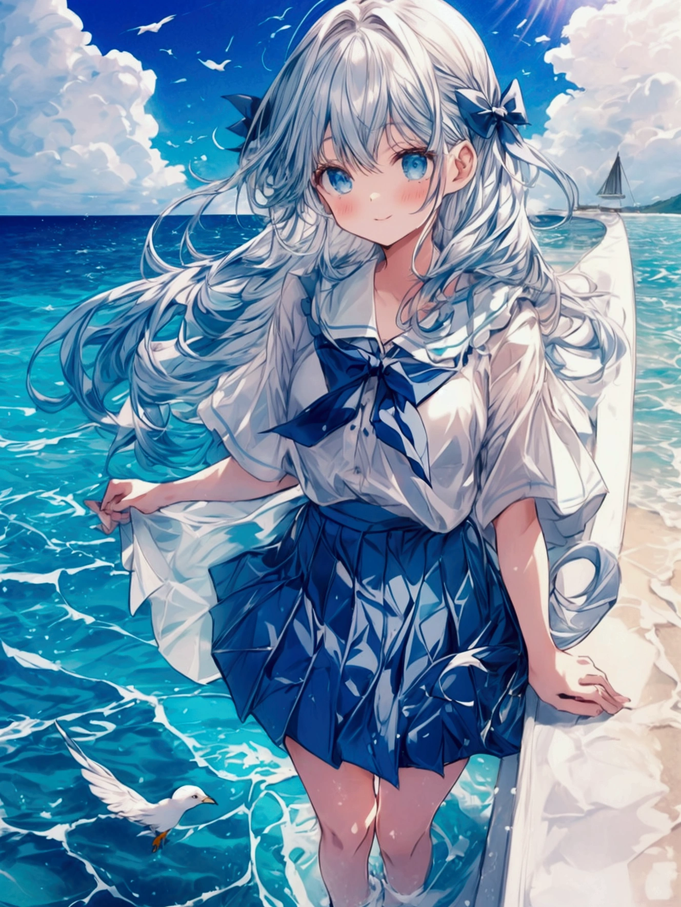 ocean, horizon, water, 1girl, cloud, day, sky, long_hair, skirt, blue_sky, outdoors, seagull, lake, shirt, boat, beach, white_shirt, blue_eyes, bird, solo, pleated_skirt, watercraft, bow, waves, blue_bow, blue_skirt,