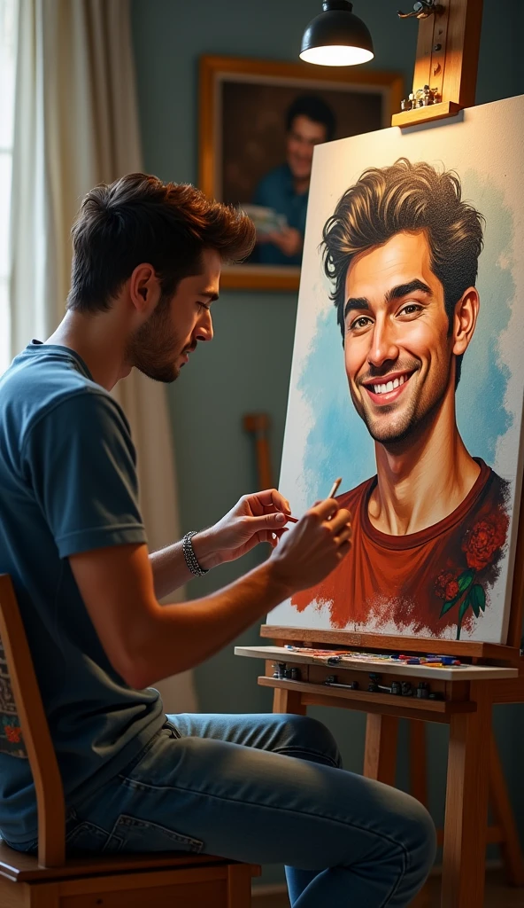 photorealistic, best quality, masterpiece, extremely detailed, extremely handsome, 25 year old man, he is painting an abstract portrait of another man wearing jeans and tshirt, huge smile, looking at camera, in personal art studio, extremely romantic atmosphere, perfect face, perfect fingers, perfect hands, perfection