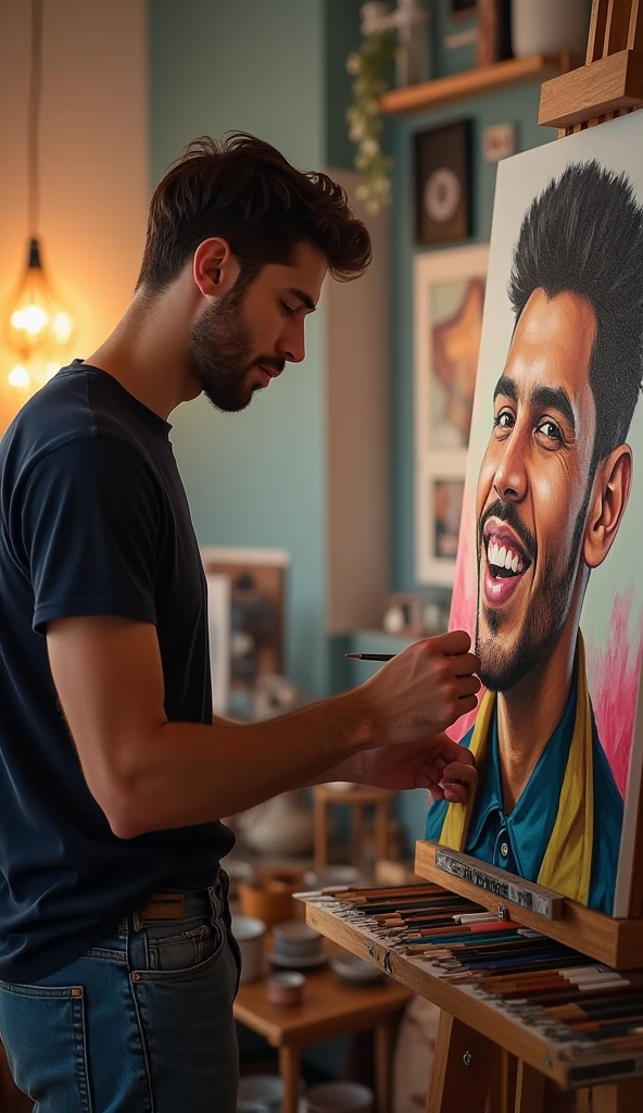 photorealistic, best quality, masterpiece, extremely detailed, extremely handsome, 25 year old man, he is painting an abstract portrait of another man wearing jeans and tshirt, huge smile, looking at camera, in personal art studio, extremely romantic atmosphere, perfect face, perfect fingers, perfect hands, perfection