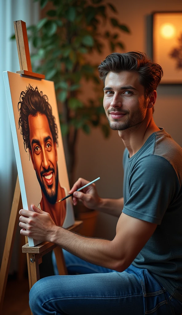 photorealistic, best quality, masterpiece, extremely detailed, extremely handsome, 25 year old man, he is painting an abstract portrait of another man wearing jeans and tshirt, huge smile, looking at camera, in personal art studio, extremely romantic atmosphere, perfect face, perfect fingers, perfect hands, perfection