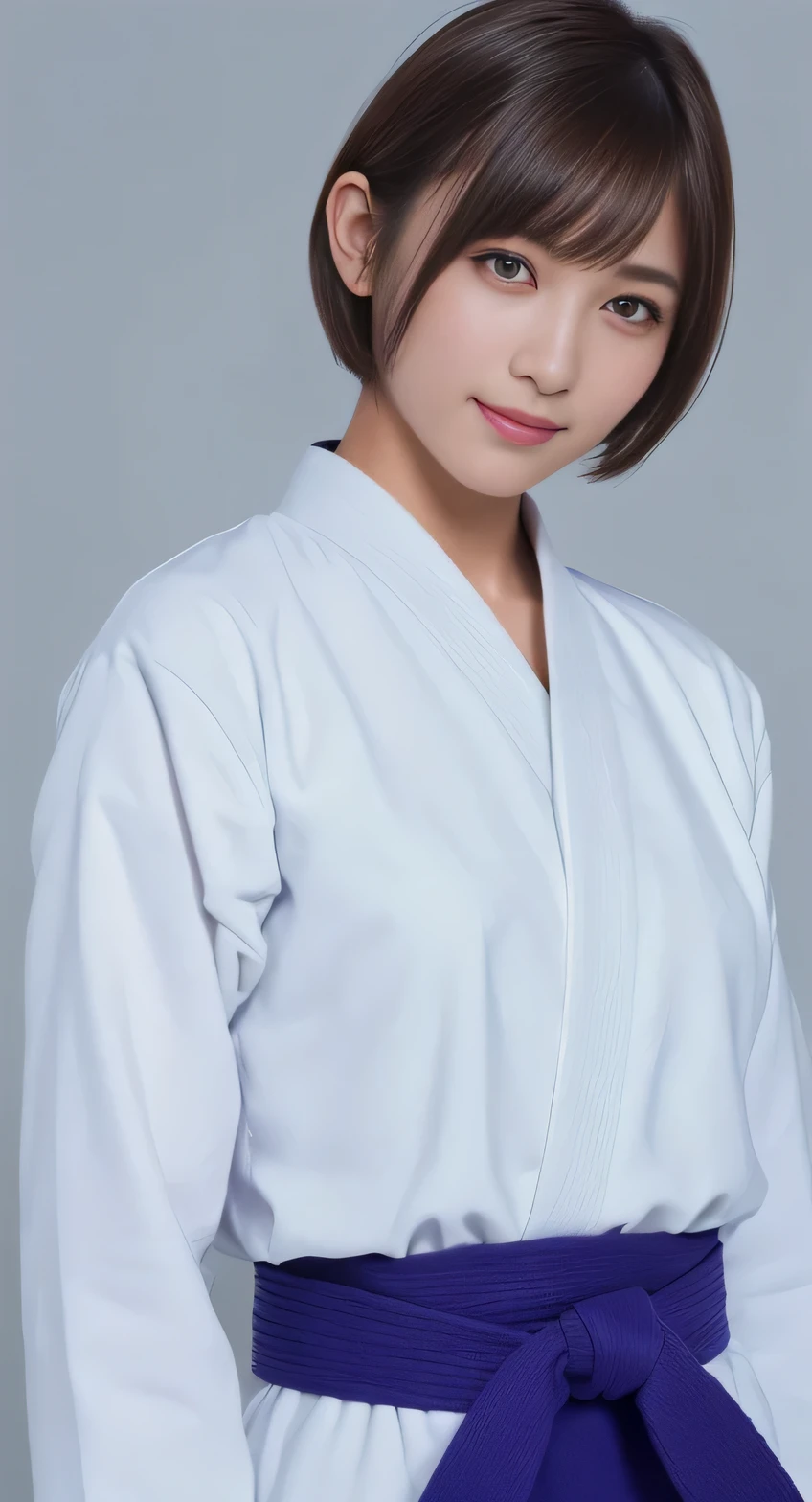 ((Highest quality, 8k, masterpiece: 1.3)), Sharp focus: 1.2, Beautiful woman with muscular body: 1.4, Hang your arms, Slim abdomen: 1.2, ((Layered Haircut, big: 1.2)), Wet body: 1.1, Highly detailed face and skin texture, Detailed eyes, double eyelid, Sunburned skin, Sunburned, Sweaty skin, one person, Beautiful and perfect face, Bobcut, Intricate details, Cinematic feel, 8k, Very detailed, (Realistic, photoRealistic: 1.37), Super Detail, Highest quality, Realistic, Very delicate and beautiful, RAW Photos, (((Professional Lighting)), Facial lighting, Depth of written boundary, Single focus, (judo)), (wearing a judogi)), ((wearing a judogi)), (very detailed judo belt)), ((Brazilian Jiu-Jitsu purple belt)), ( Wear the official judo uniform), ((Long sleeve)), ((Wear a T-shirt)), (Muscular and healthy), Small Head, (((Beautiful Eyes)), Real Face, Realistic face, True Face, Beautiful Eyes, (Fashionable hairstyles: 1.3), Audience, (Cool Japan woman)), intellectual, Sports, (smile: 1.15), (Mouth closed), fine and Beautiful Eyes, (dojo: 1.3), judo player, Healthy Body, (short hair: 1.2), short hair, Dark Skin