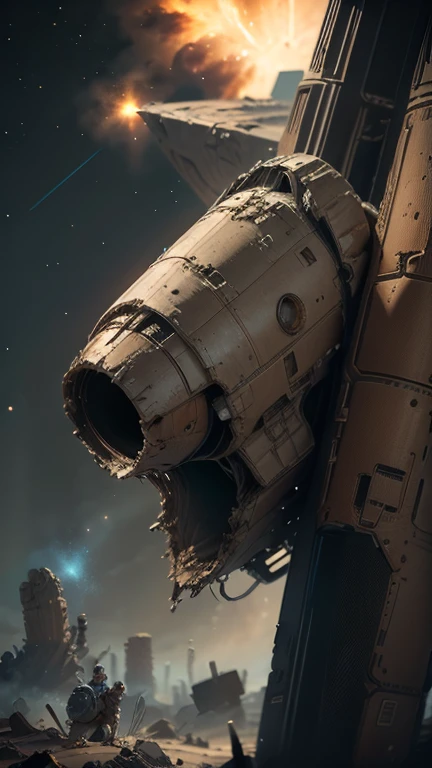 Fantasy,On a different planet,A giant cigar-shaped spaceship is stationary.,The spaceship is broken,Outside the spacecraft, A beautiful female astronaut is making repairs,Flat Chest,Young face,Young body,There are a lot of wrecked spaceships,Expansiveness,Great details,Cinema Lenses,Wide-angle composition,Hazy,starry skies,Indian mythology,Flying lasers,Oil smell