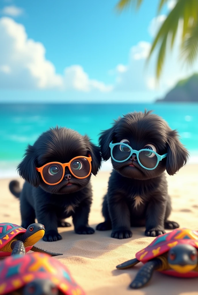 cute adorable 2 black shih tzu puppies with big blue eyes wearing sunglasses, cute blonde girl, extremely detailed, big blue eyes, wearing colorful sun glasses, finding colorful bright turtles, 3D Pixar style, at beach, photorealistic, (best quality,8k,highres,masterpiece:1.2),ultra-detailed,(realistic:1.37),HDR,vivid colors,studio lighting