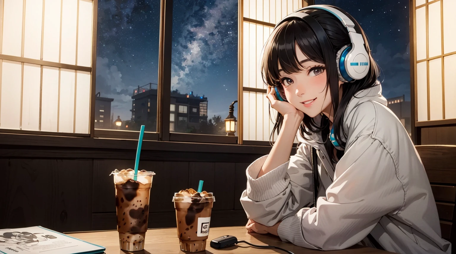 ((8k of extremely detailed CG unit, Masterpiece, high resolution, highest quality, highest quality real texture skin)), (((Cute room))), (((Japanese style headphones))), (((iced coffee))), (((Smiling and listening to music))), ((1 girl)), (Black hair, messy hair, beige skin), (Surreal, digital painting), (((Warm lighting))), (((Night sky from large windows)))