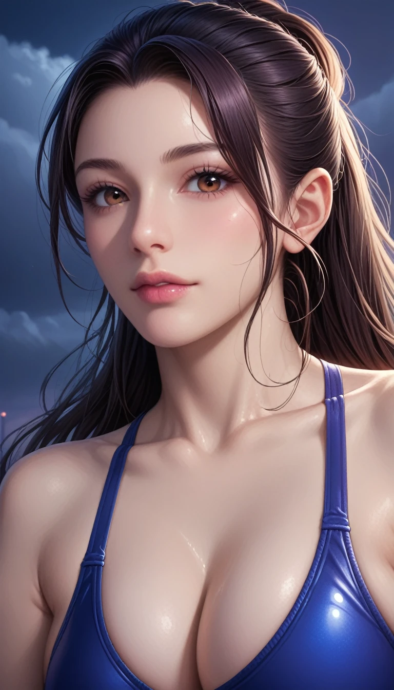 score_9, score_8_superior, score_7_superior, High-resolution CG illustration,A masterpiece in 32K resolution,Highest quality,it is really amazing,Very detailed,Ultra-high resolution,Ultra-realistic,Realistic,Increased depth of field,Cinematic lighting,
Sexy mature Japan woman,
Straight long hair with black hair,Ultra-detailed and beautiful face,Calm and gentle look,Beautiful brown eyes,Translucent white skin,Realistic skin texture,Great proportions,
Sexy high leg swimsuit,
Artistic design,Chic color scheme,Detailed fabric texture,
Dark overcast sky on a dull night,Dark clouds filling the sky,Thundercloud,Coastline at night,Stormy seas,delay々A desolate sandy beach that continues,
Cleavage up,Cinematic Angle,