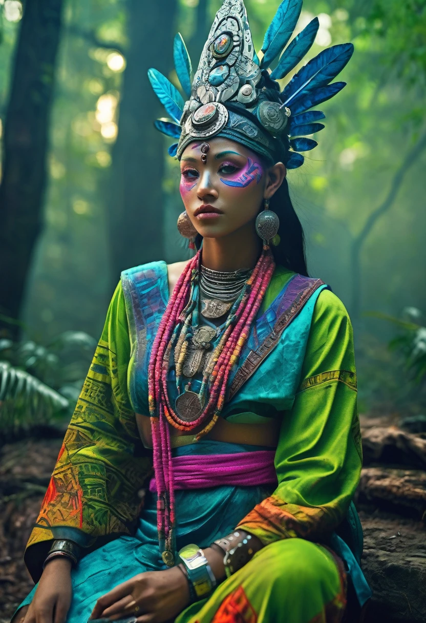 A high-resolution brightly lit photorealistic photograph of a cyberpunk tech wear shaman wearing shamanic ornaments and face mask tribals with tribal clothings and colourfull masks in uv green and blue with criptic signs glowing on the fabric standing by an ancient rain forest temple ruins glowing with criptic symbols of tribals and alienish paterns on the tree trunks glowing in uv red and pink  turquoise blue and green colours smog and misty fog in the atmosphere uv glowing blury lightings on the path way lighting the whole aura broken ruins of ancient goddess skulptor glowing in uv colours a ceremony of the tribes The photograph is styled like a high-end lifestle Movie hdr32 k this orignal image octate render unreal lightings, highly detailed , photo realistic , unreal engine 5, depth of view, add noise, Effet de vent：1.9，Effets de nuage：1.2，Rendu complet，Encaustic painting,flammes, epic, dawn, dramatic lighting, dim light, bokeh, The photograph has a light bright happy feel. Use a high-resolution 16k camera with a 2:3 aspect ratio, a raw style, and a quality setting of 2 to capture this vibrant scene . 32k, full ultra hd, high resolution, photorealistic, natural lighting, ultra realistic photo, high quality, HDR, high resolution, smooth and delicate skin, noble and elegant, ultra-realistic photography vibe, shot with Canon camera, intricate details, 32k --ar 16:9 --s 750 --v 6.1