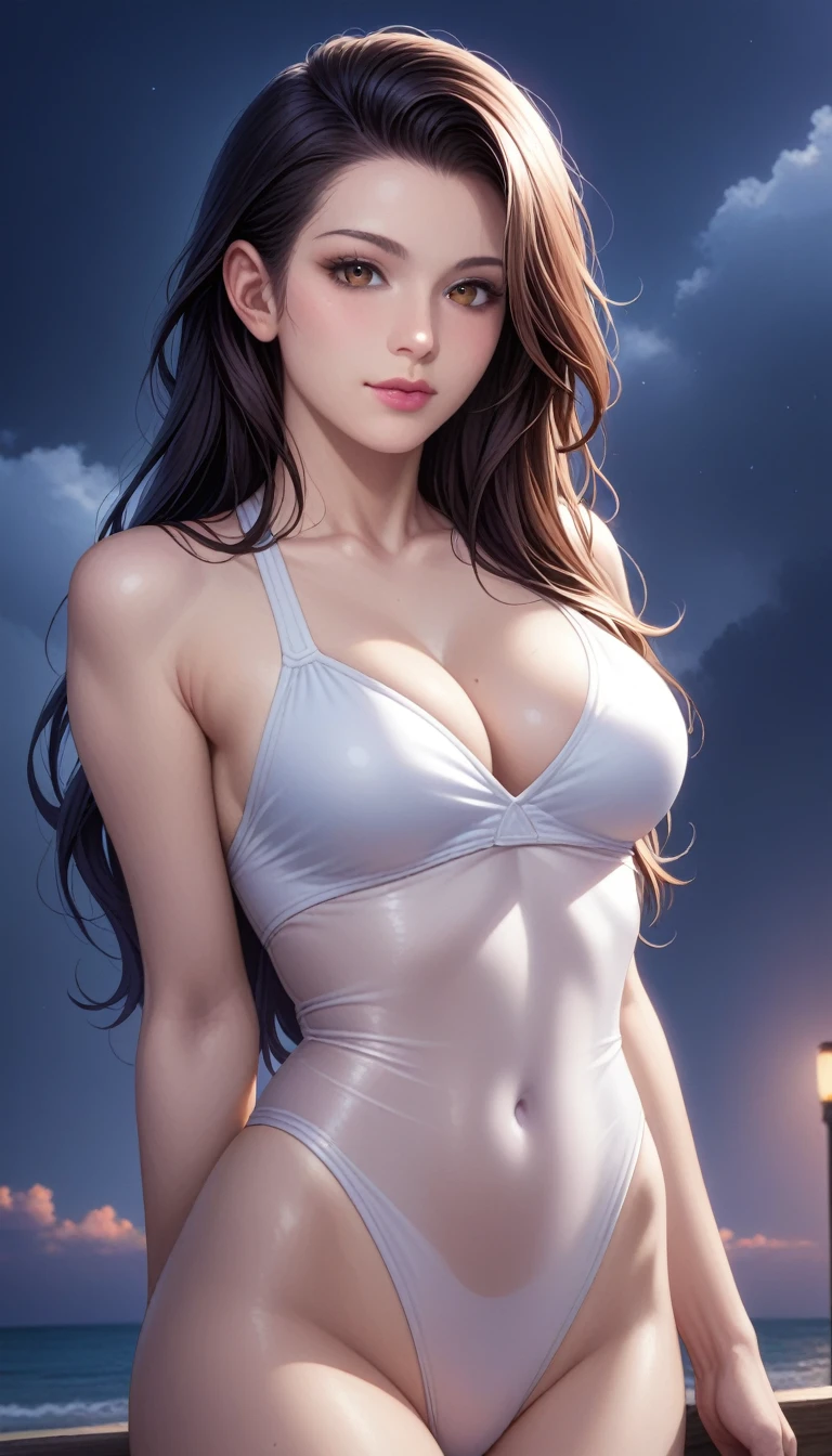 score_9, score_8_superior, score_7_superior, High-resolution CG illustration,A masterpiece in 32K resolution,Highest quality,it is really amazing,Very detailed,Ultra-high resolution,Ultra-realistic,Realistic,Increased depth of field,Cinematic lighting,
Sexy mature Japan woman,
Straight long hair with black hair,Ultra-detailed and beautiful face,Calm and gentle look,Beautiful brown eyes,Translucent white skin,Realistic skin texture,Great proportions,
Sexy high leg swimsuit,
Artistic design,Chic color scheme,Detailed fabric texture,
Dark overcast sky on a dull night,Dark clouds filling the sky,Thundercloud,Coastline at night,Stormy seas,delay々A desolate sandy beach that continues,
Cleavage up,Cinematic Angle,