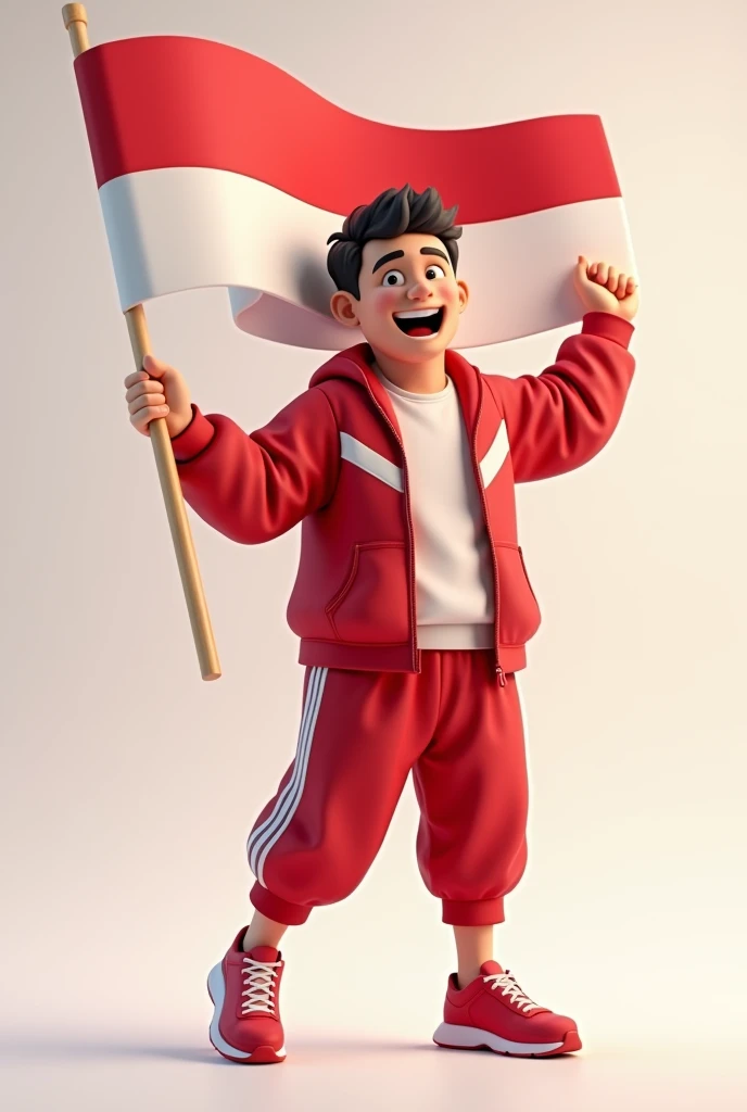 3D cartoon image , Smiling cheerfully, carrying the red and white flag, a handsome adult Indonesian man, 30 years old, with a stout and tall build., wearing long-sleeved loose sportswear with a red and white pattern for the Indonesian Independence Day, casual , , high resolution 4K; realistic, original photo