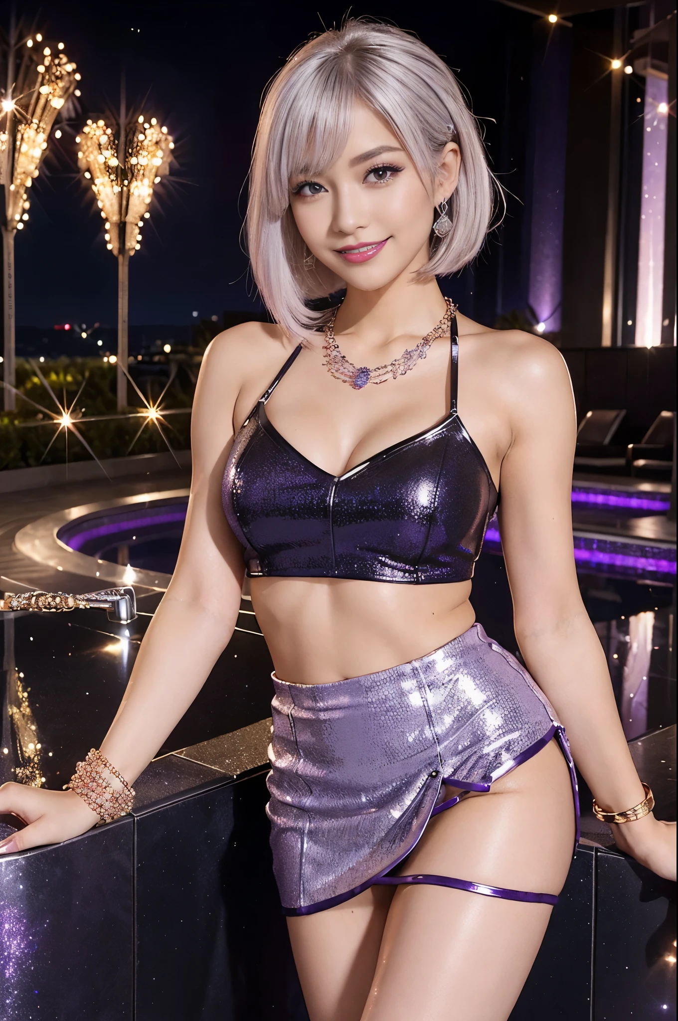 (nsfw), sexy female princess, sexy smile, long lashes, defined eyebrows, bold lipstick, lipgloss, professional eye-makeup, (sparkling large necklace), (sparkling large bracelets), (dark purple leather mini skirt), (matching top), gyaru, very short sparkling platinum blonde hair, sparkling large hotel pool background, sweet and sexy, sparkling look