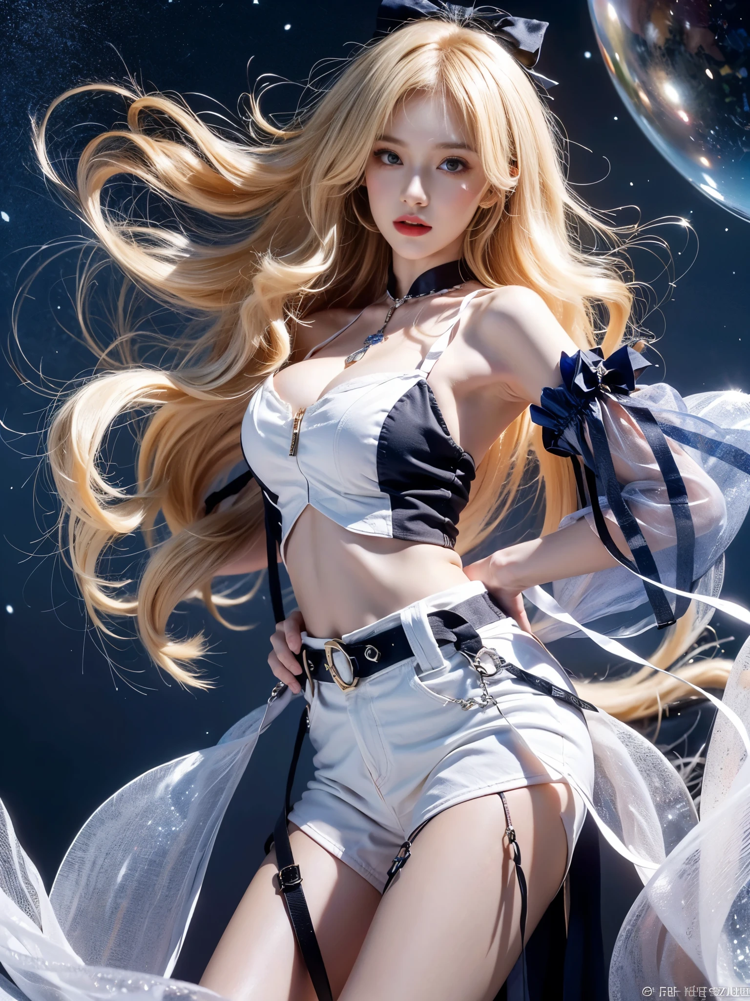 jean_genshin, 1girl, beautiful face, blonde hair, hair bow,bare shoulders, detached sleeves, jean's upshirt, jean's puffy white shorts, belt, thigh strap, sandals, ((whole body)), Multi-colored hair，Striped hair，Cross Bangs，Messy hair，Colored contact lenses，Flower-shaped pupil，make up，shy，Blush，Parted lips，Heavy breathing，moan，torogao，Surrealism，Realism，Movie Lighting，Relief，Sony FE GM，Retina，masterpiece，precise，Anatomically correct，Textured Skin，Super Detail，High Detail，best quality，Beautiful dance dynamics, Long legs , Random scenes，Random shooting angles， ((Flowing long hair))Official Art , ((Bright pastel colors)), Unity8k Wallpaper , Extremely detailed , Visible cleavage, Pretty and beautiful , Sexy long legs, masterpiece , best quality ,Practical, Very detailed illustrations ,Extremely detailed , Intricate details , Extremely complex and detailed , Very detailed 8KCG wallpaper , Caustics .reflection , Ray Tracing , Devil Theme ,nebula ,Dark aura, Network Effects , (1 Girl)Solitary , (Blue plasma flame , Pastel tones in Rococo style ,light white and light red , Incredibly beautiful , Cherry blossoms ,painting , Ethereal , Mixing reality and fantasy elements, Complex patterns , Delicate lines, Starry Sky , rich and colorful , Star