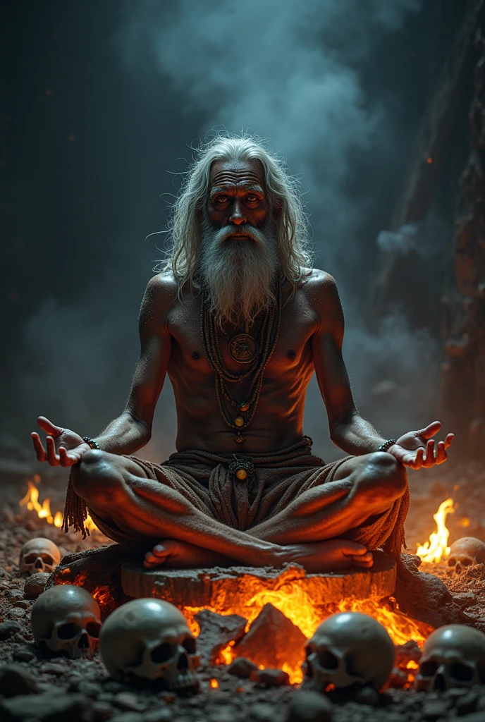 "Aghori sadhu sitting on a cremation pyre, surrounded by skupp and fire, with a horror gaze in the dark of night."