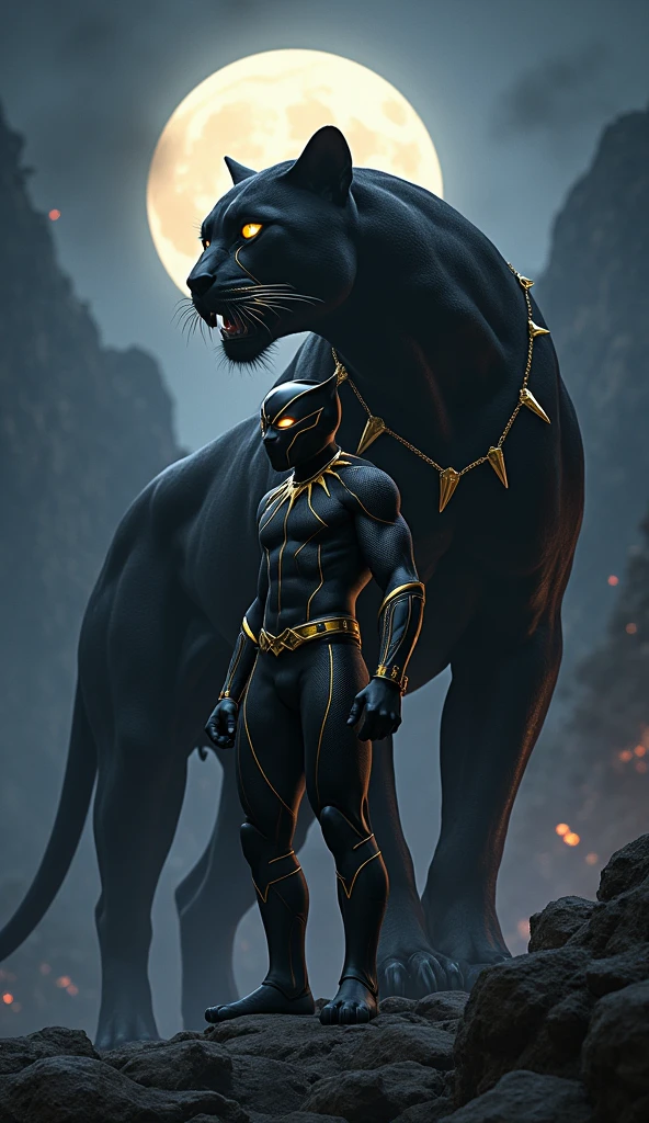 Create an image of the Black Panther superhero in his iconic black and golden suit with purple shades , standing in a powerful pose. In front of him, place a roaring black panther having golden patches on its body with glowing eyes, set against a dark, moonlit night. The scene should convey a sense of strength and mystery, with the glowing eyes of the roaring panther contrasting sharply against the night.