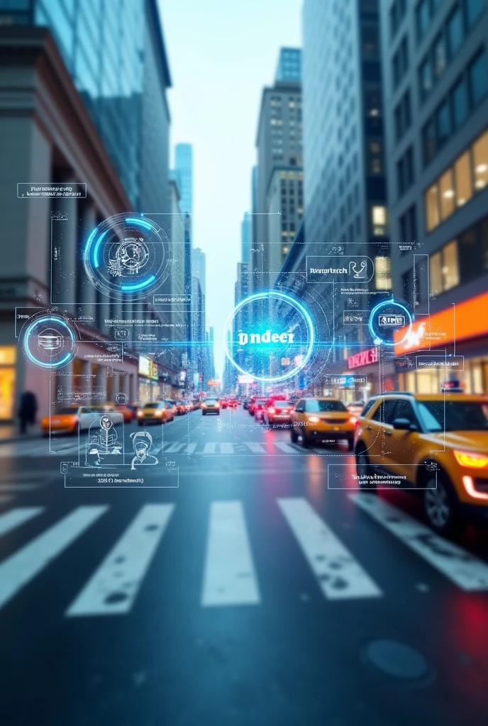 Augmented reality view, AR interface overlay, transparent data displays, floating information panels, high-tech HUD elements, full field of vision, scene of city streets, real-time navigation, social media updates, local business information