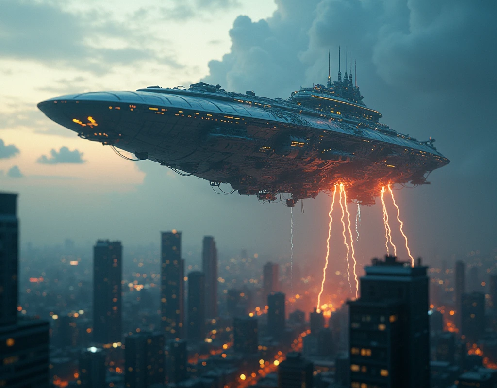 a detailed alien spacecraft, massive alien mothership, futuristic alien technology, alien attack laser beams, alien lightning strikes, tilt-shift photography, cityscape of KLCC, photorealistic, cinematic lighting, dramatic angles, hyperrealistic, intricate details, volumetric fog, dynamic composition, glowing energy effects, vibrant colors, science fiction, concept art style. At Kuala lumpur