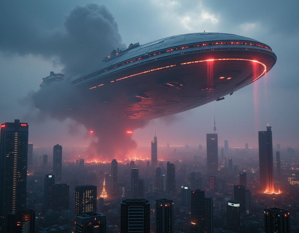 a detailed alien spacecraft, massive alien mothership, futuristic alien technology, alien attack laser beams, alien lightning strikes, tilt-shift photography, cityscape of KLCC, photorealistic, cinematic lighting, dramatic angles, hyperrealistic, intricate details, volumetric fog, dynamic composition, glowing energy effects, vibrant colors, science fiction, concept art style. At Kuala lumpur