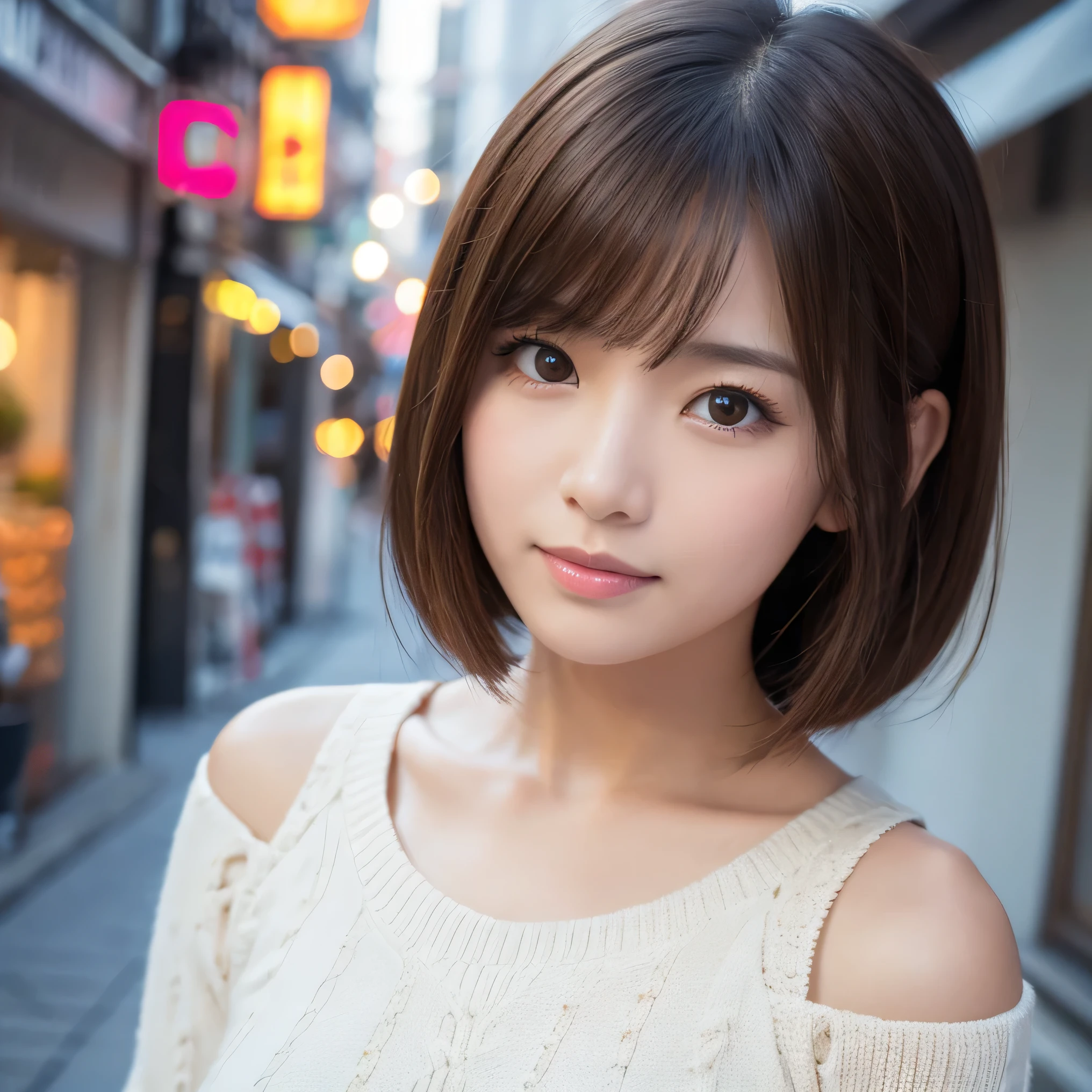 masterpiece, 1 beautiful girl, detailed eye, puffy eyes, top-quality, ultra high resolution, (8K), (reality:1.4), daytime, at street, cinematic lighting, asian beauty, super beauty, beautiful skin, body facing forward, (hyper-realistic), (highly detailed), (beautifully detailed eyes), detailed face, bright lighting, professional lighting, looking at viewer, facing straight ahead, cream knitted dress, light brown hair, bangs, short bob hair, Japanese idol, Korean idol, gravure idol pose, (accurate anatomy:1.1), 