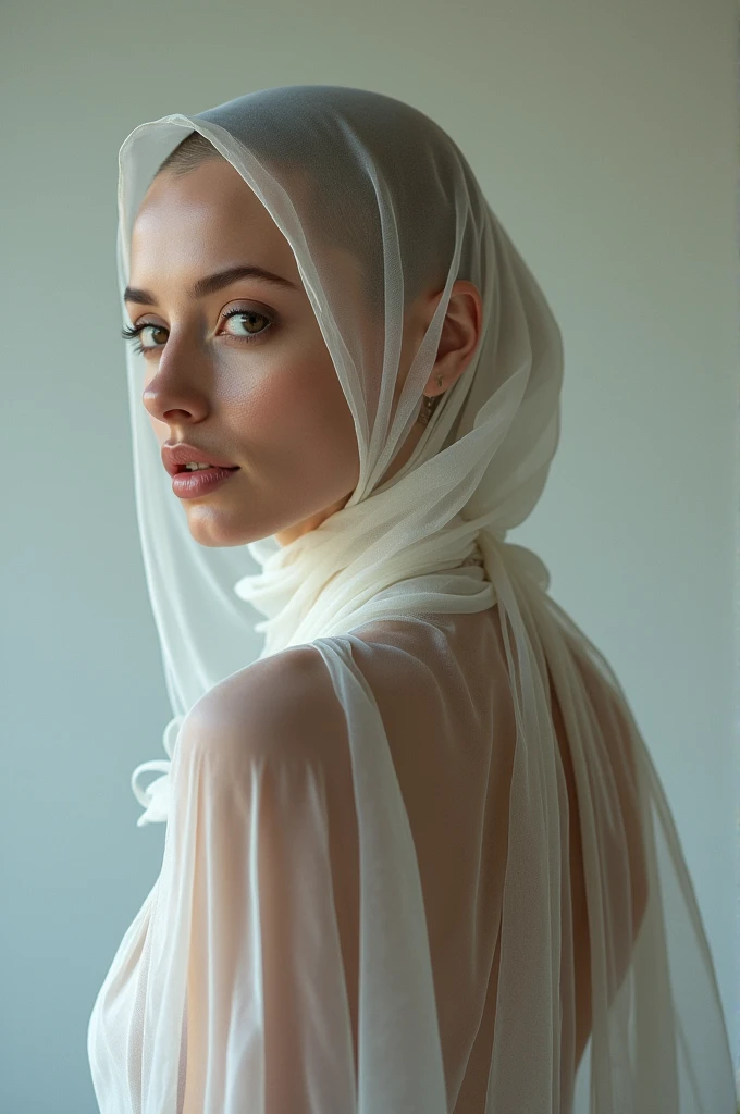 Make a bald woman that wear very transparent hijab, and from back with only hijab and naked