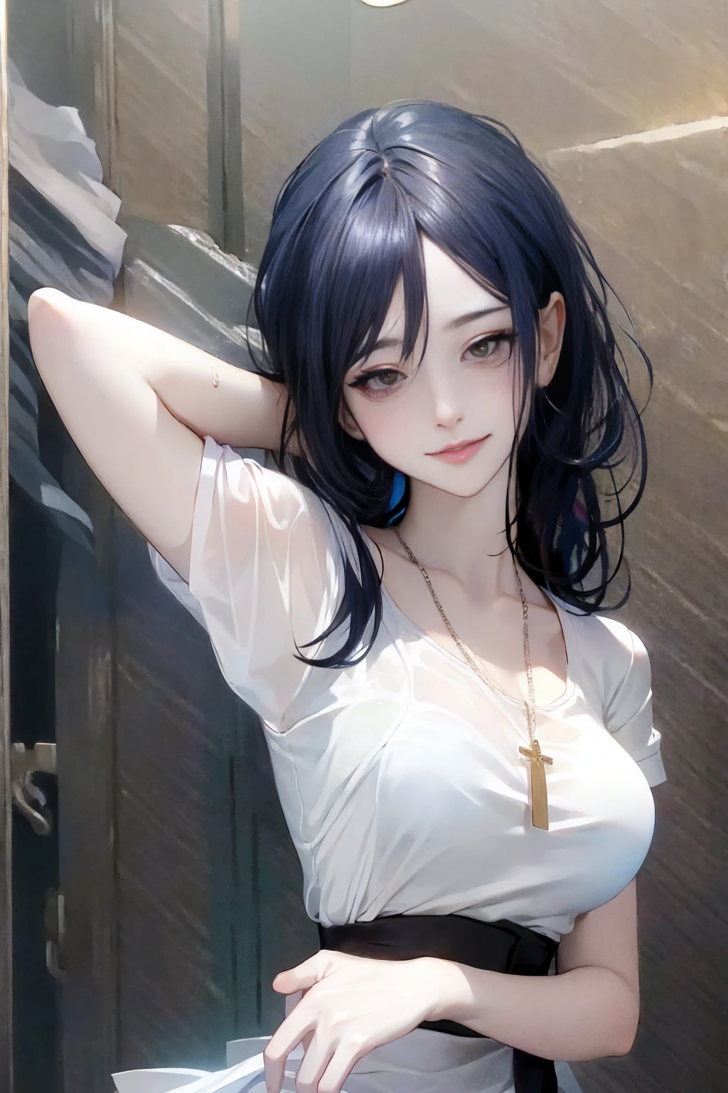 1 Girl,Asian,black hair,Through clothes,breast,Big breasts,Brown eyes,Cross your arms,Jewelry,Lips,long hair,necklace,Reality,transparent,shirt,Short sleeve,Smile,solo,T 恤,Upper body,wet,wet衣服,wetshirt,白shirt,grade: