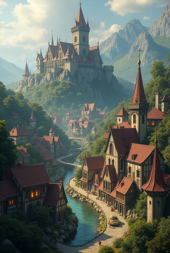 There are paintings of towns with castles as backgrounds, medieval fantasy towns, fantasy town scenes, magical villages, fantasy towns, bustling magical towns, quaint villages, fairytale locations, grand Rivendell fantasy, unreal engine villages, dark fantasy paintings, medieval villages, magnificent environments.