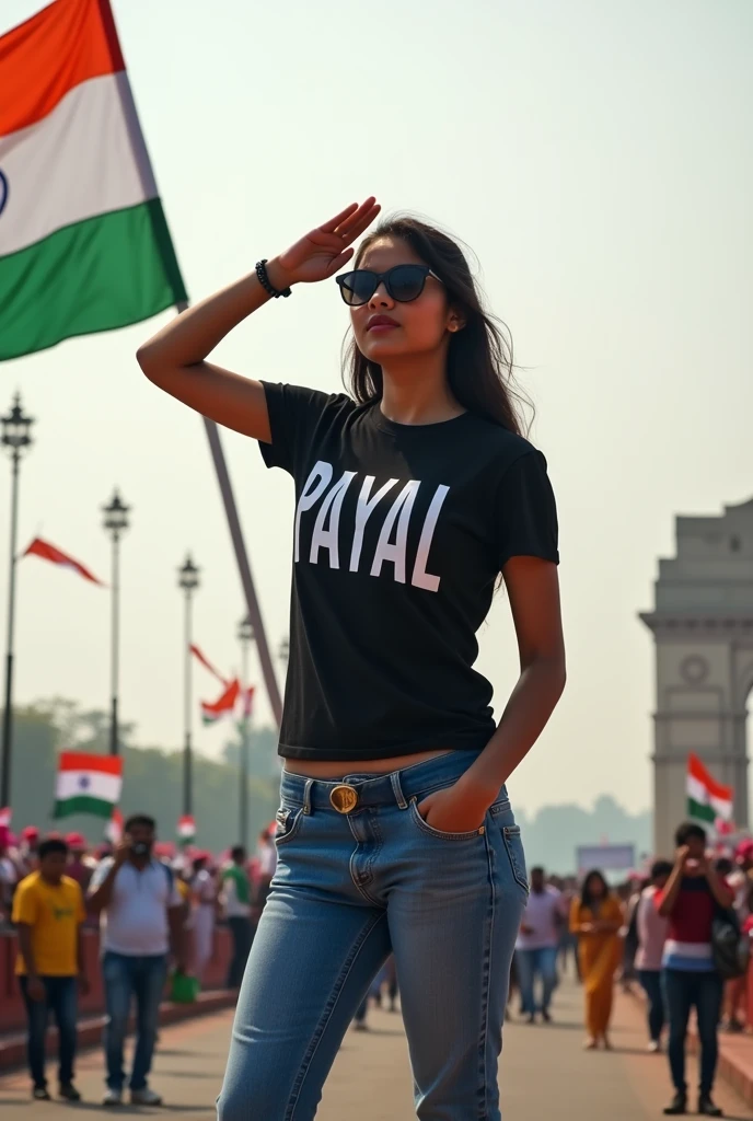 Generate ai image of 18-year-old girl full image in a black and white t-shirt with “PAYAL” boldly written on it, paired with blue jeans and sunglasses. She is saluting a large Indian flag, with India Gate and Red Fort in the background, surrounded by the vibrant colors of an Independence Day parade. The scene captures the festive and patriotic atmosphere of the day, with people joyfully celebrating this significant occasion.