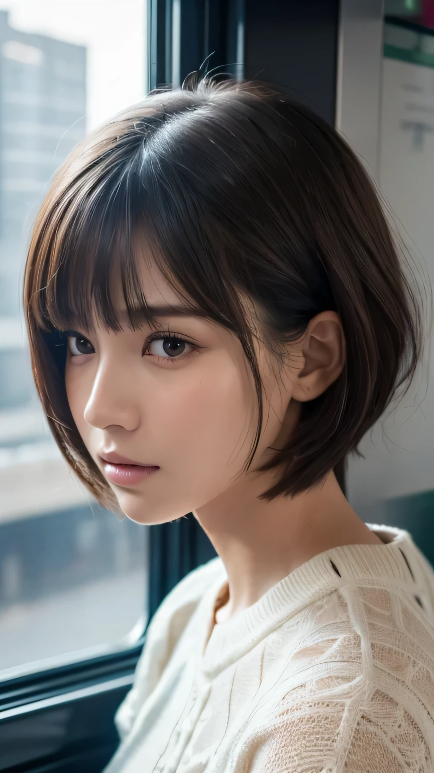 (Ultra-realistic), (figure), (High resolution), (8k), (Very detailed), (Best figure), (Beautiful and detailed), (Highest quality), (Super detailed), (masterpiece), (wallpaper), (Detailed face), alone, One Girl, watching viewer, Trendy clothes,Less exposure、Fine details, Detailed face, In the Dark, Deep Shadow, Modest, Pure Erotic Face Ace_v1, cool, short hair, Pointed diagonal bangs,on the train