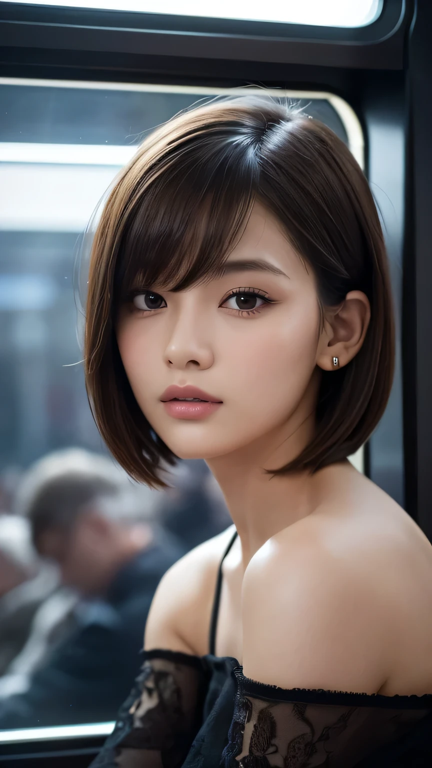 (Ultra-realistic), (figure), (High resolution), (8k), (Very detailed), (Best figure), (Beautiful and detailed), (Highest quality), (Super detailed), (masterpiece), (wallpaper), (Detailed face), alone, One Girl, watching viewer, Trendy clothes,Less exposure、Fine details, Detailed face, In the Dark, Deep Shadow, Modest, Pure Erotic Face Ace_v1, cool, short hair, Pointed diagonal bangs,on the train