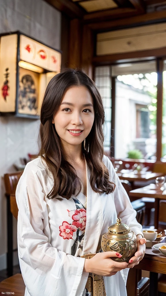 Masterpiece, candid shot,(Super fine,fidelity:1.37),portrait, Japanese restaurant owner,dark hair,hazel brown eyes,delicate lips,confident smile,well groomed appearance,Japanese traditional sill kawai dress, spring clothes,floral pattern,Standing in a brightly lit restaurant,antique wooden furniture,Elaborately carved decoration, Japanese traditional elements,Beautifully painted porcelain plates and teapots,Authentic japanese cuisine,Vibrant color palette,Defocused lights in the background create a warm and inviting atmosphere