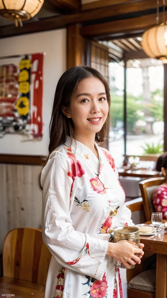 Masterpiece, candid shot,(Super fine,fidelity:1.37),portrait, Japanese restaurant owner,dark hair,hazel brown eyes,delicate lips,confident smile,well groomed appearance,Japanese traditional sill kawai dress, spring clothes,floral pattern,Standing in a brightly lit restaurant,antique wooden furniture,Elaborately carved decoration, Japanese traditional elements,Beautifully painted porcelain plates and teapots,Authentic japanese cuisine,Vibrant color palette,Defocused lights in the background create a warm and inviting atmosphere