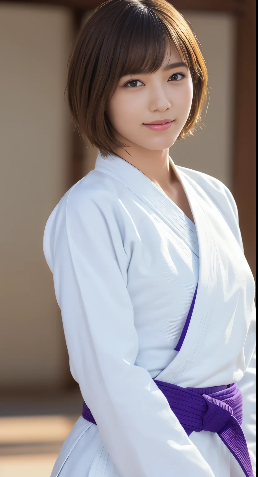 (skin spots: 1.2), (skin dentation), Black eyes, 1 female, 25 years old, ((((Female))), Solo, Real, Best Quality, Photorealistic, Masterpiece, 8K, High resolution, Solo, Very detailed face, (Professional lighting, Bokeh), (Light particles, Lens flare, Luminous particles: 0.6), (Dynamic Pause: 1.7), Soft lighting, Top angle view, fashionable and trendy atmosphere, judo hall, tatami mats, ((viewers: 1)), (look at the camera), (portrait: 0.6), gorgeous, standing, keep the original facial proportions, wide shoulders, full body, (round breasts), (spilling breasts)), (short hair), brown hair, floating hair, lips, lipstick, seductive smile, floating hair, braided hair, smile, open_mouth, teeth, (Judo athlete), (white judogi), white obi, eyelashes, mole, sweat, (fluffy chest), judo club, long sleeves, long pants