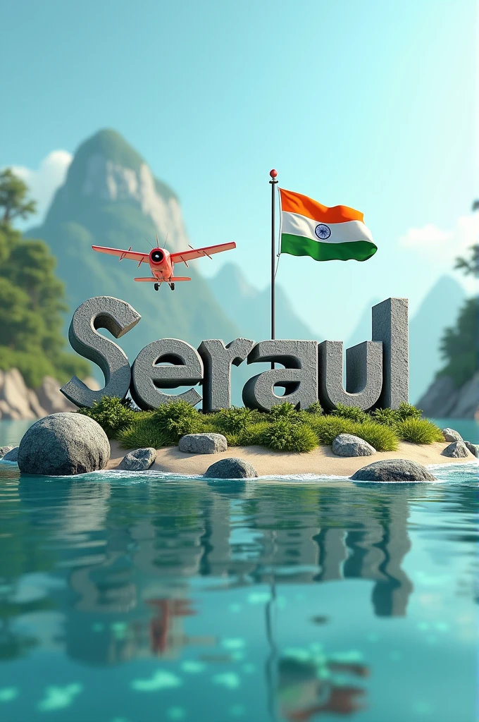 Name "Serajul" real 3D sea Island background with big Indian flag, stone text capital big aroplane, stone peal. stylish in front 3D rendering, typography, 3d render, poster, fashion