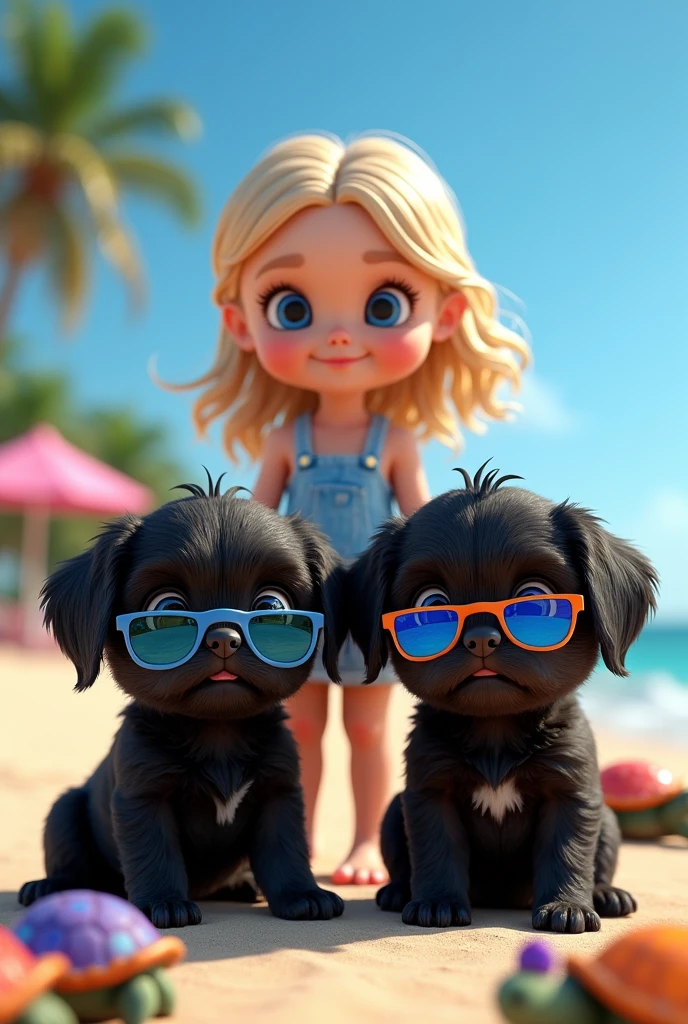 cute adorable 2 black shih tzu puppies with big blue eyes wearing sunglasses, cute blonde girl, extremely detailed, big blue eyes, wearing colorful sun glasses, finding colorful bright turtles wearing sunglasses, 3D Pixar style, at beach, photorealistic, (best quality,8k,highres,masterpiece:1.2),ultra-detailed,(realistic:1.37),HDR,vivid colors,studio lighting