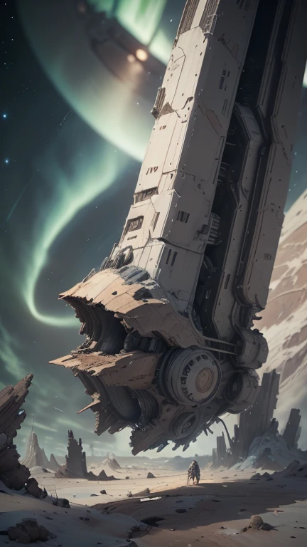 Fantasy,On a different planet,A massive and beautiful spaceship stands still.,The spaceship is broken,Outside the spacecraft, A beautiful female astronaut is making repairs,Flat Chest,Young face,Young body,There are a lot of wrecked spaceships,Expansiveness,Great details,Cinema Lenses,Wide-angle composition,Hazy,starry skies,Indian mythology,Flying lasers,Aurora