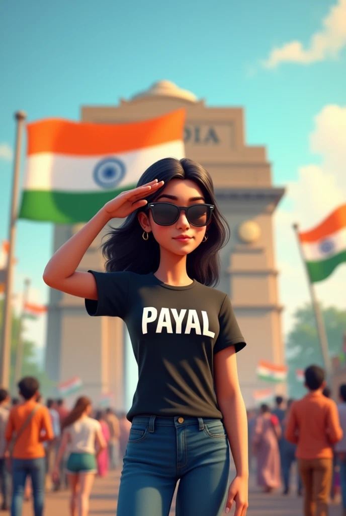 Generate animated
image of 18-year-old girl full image in a black and white t-shirt with “PAYAL” boldly written on it, paired with blue jeans and sunglasses. She is saluting a large Indian flag, with India Gate and Red Fort in the background, surrounded by the vibrant colors of an Independence Day parade. The scene captures the festive and patriotic atmosphere of the day, with people joyfully celebrating this significant occasion.