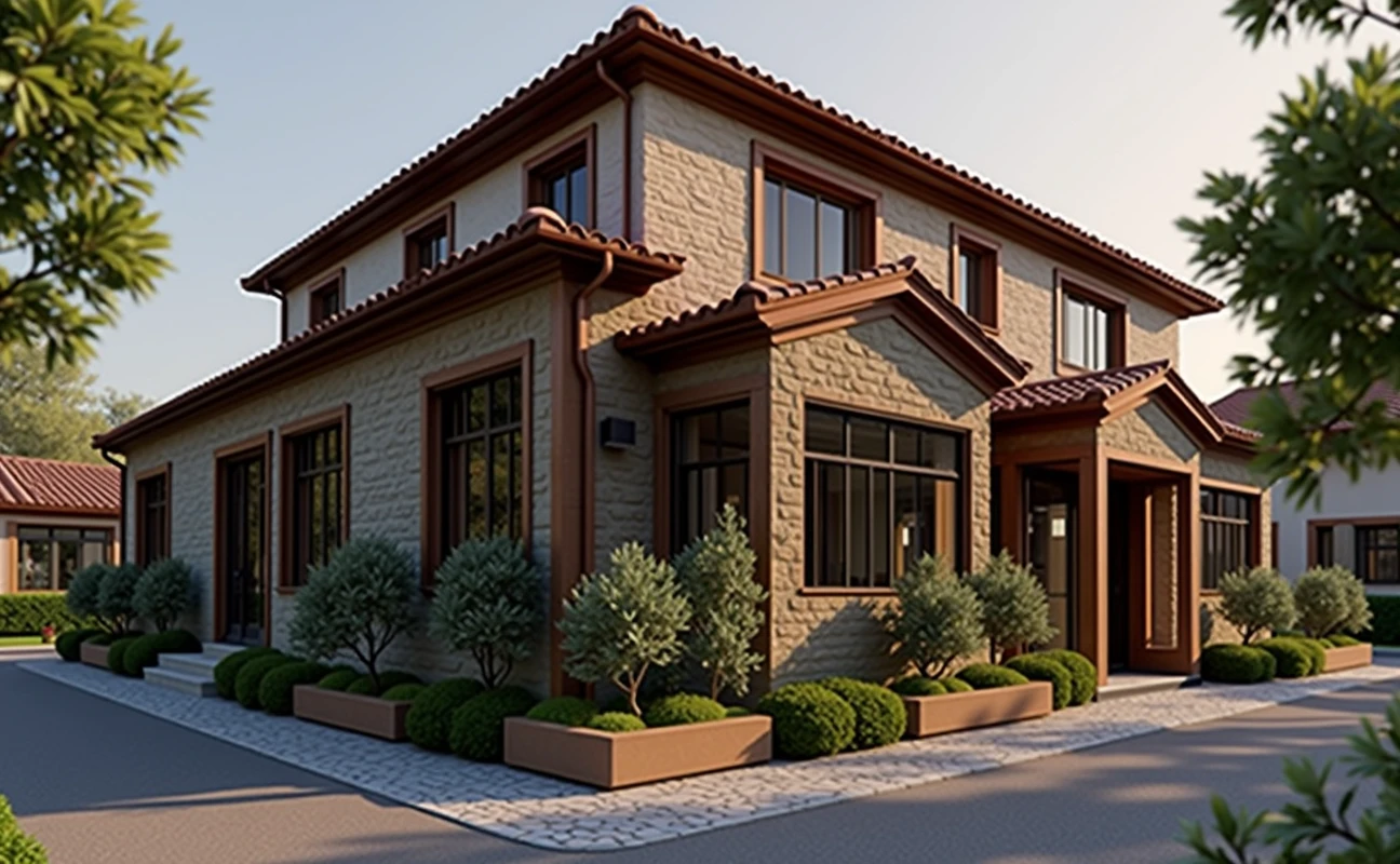 Bring out different ideas with the created image; Imagine an elegant and sober facade of an old farm, adapted with a modern touch. Maintains historical authenticity with materials such as stone and brick, but it is designed to be welcoming and functional for the needs of older people. Warm colors invite tranquility, and vegetation in the outdoor planters adds a touch of freshness to the space.
Suggested visual image:
Single-story facade, with tile roofs and details in stone and wood. Large windows that allow natural light to enter, surrounded by a green environment.