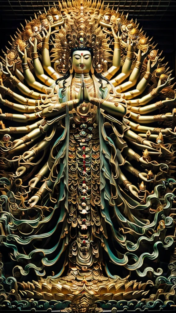  statue of guan yin made of jade and gold , crystal clear and shinning, beautyfull  face, multiple hands holding some treasure weapons , detailed hands,  floating red ruby lotus , full body, masterpieces, super detail, epic composition, ultra HD, high quality, extremely detailed, official art, unified 8k wallpaper, Super detail, 