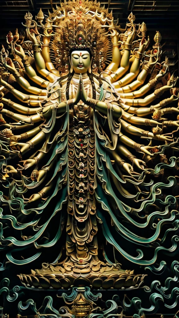  statue of guan yin made of jade and gold , crystal clear and shinning, beautyfull  face, multiple hands holding some treasure weapons , detailed hands,  floating red ruby lotus , full body, masterpieces, super detail, epic composition, ultra HD, high quality, extremely detailed, official art, unified 8k wallpaper, Super detail, 