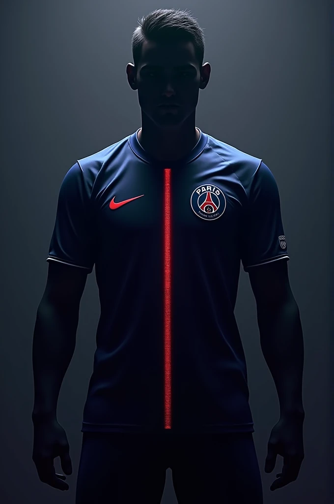 Decors realiste 4k,8k tres haute definition,une silouhette  de footballeur sans voir le visage qui porte un maillot bleu fonce avec une large bange rouge verticale de la largeur du col sur toute la hauteur du maillot. Une bande blanche fine qui longe la bande rouge de chaques côté , avec le logo du paris saint germain