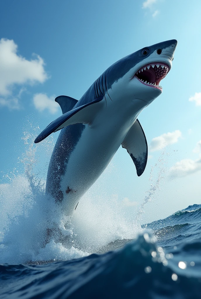 A powerful and dramatic scene featuring a great white shark leaping out of the ocean. The shark is captured mid-air with water splashing around it as it breaks the surface. The background showcases a clear blue sky with a few clouds, and the ocean is a deep blue, with waves adding to the dynamic energy of the scene. The shark's sharp teeth and muscular body are highlighted, emphasizing its strength and agility, creating an intense and captivating visual