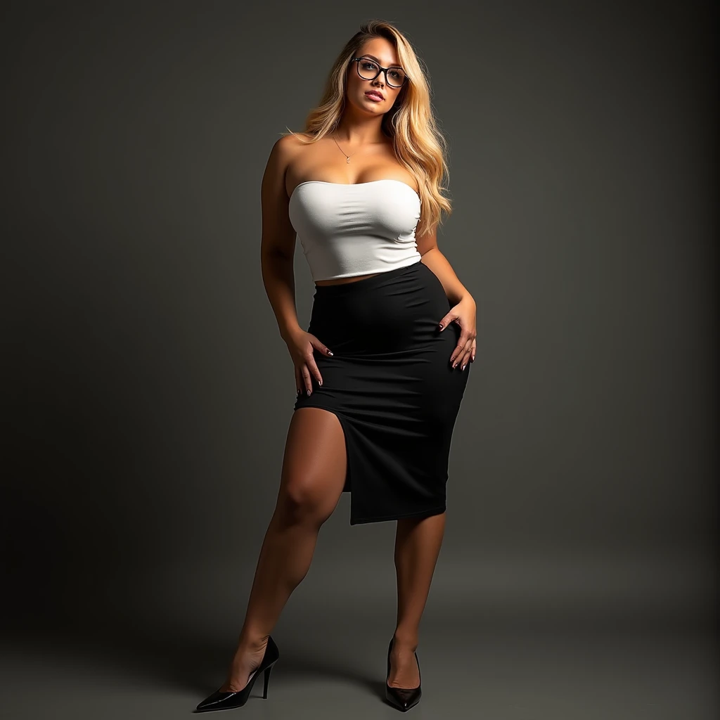 Une femme de bureau brésilienne chaude, jolie, maquillage naturel, longues jambes, cheveux blonds, coiffure fluide, (corps dodu, gros seins affaissés, sans soutien-gorge), ((chemise tube blanche décontractée), (jupe crayon)), lunettes, talons aiguilles, talons hauts, pousse la poitrine, (corps entier), debout et jambes ouvertes, sexy, sensuelle, séduisante, plantureuse, vue de face, , photographie professionnelle, , éclairage de studio, lumière dynamique, , conceptuel, perspective , 8k