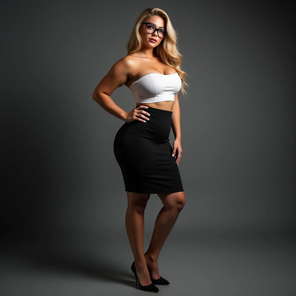 Une femme de bureau brésilienne chaude, jolie, maquillage naturel, longues jambes, cheveux blonds, coiffure fluide, (corps dodu, gros seins affaissés, sans soutien-gorge), ((chemise tube blanche décontractée), (jupe crayon)), lunettes, talons aiguilles, talons hauts, pousse la poitrine, (corps entier), debout et jambes ouvertes, sexy, sensuelle, séduisante, plantureuse, vue de face, , photographie professionnelle, , éclairage de studio, lumière dynamique, , conceptuel, perspective , 8k 
