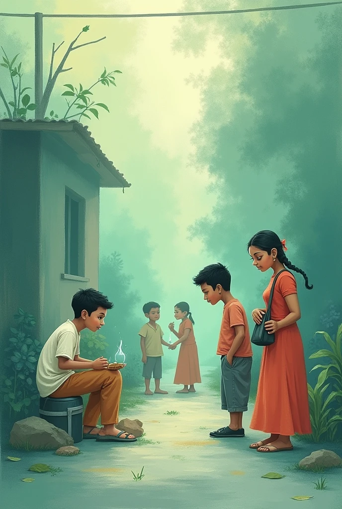 Blurr desaturated painting greens and blues woth desi south asian stylized figures doing daily life mundane things