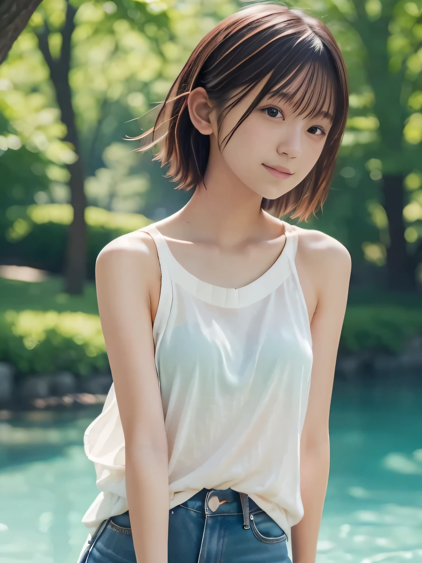 photorealistic, ultra-detailed, (best quality, 8k, 32k, masterpiece, UHD:1.2), Photo of 17yo Pretty Japanese high school girl, upper body, neat summer clothes, bare shoulders, short hair,