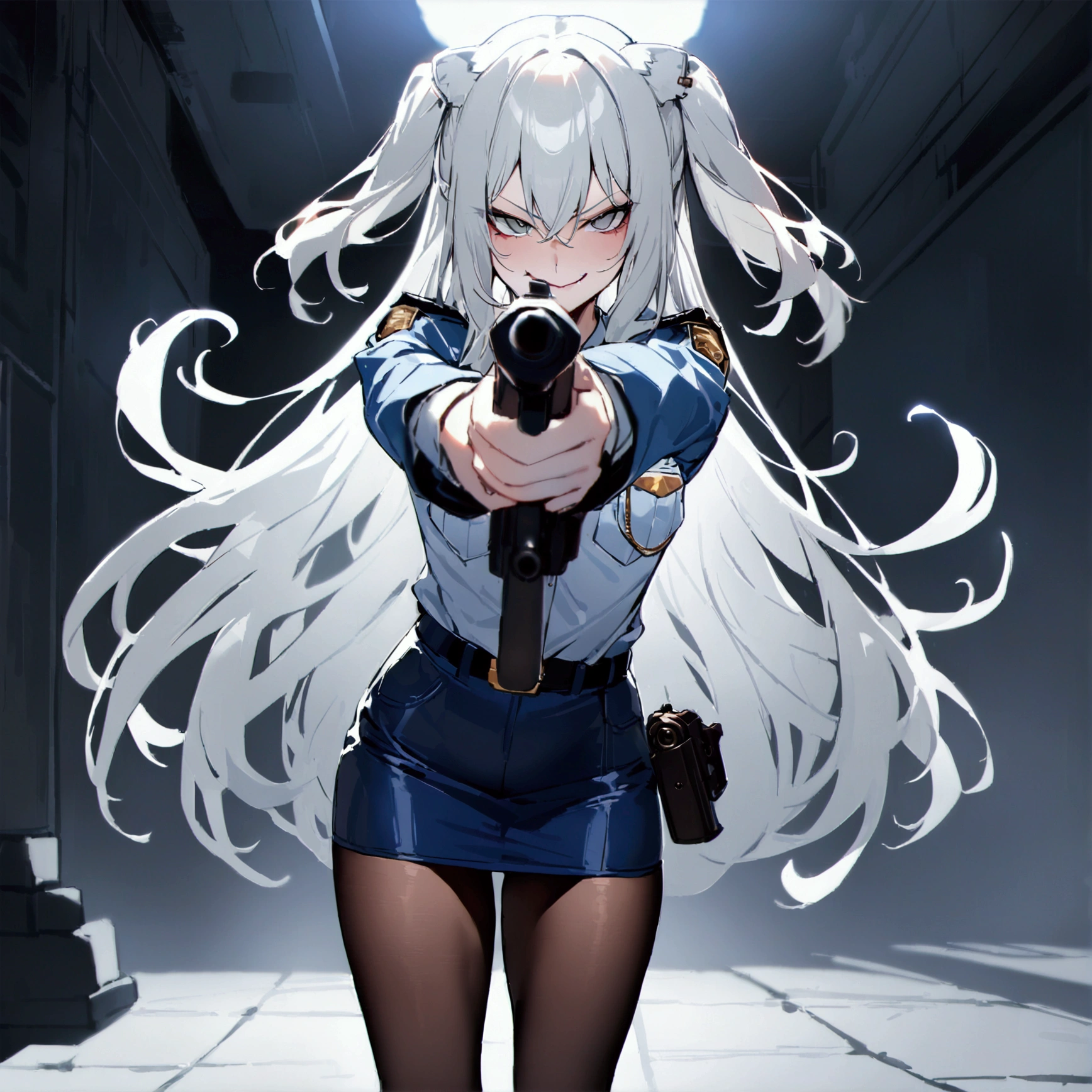 NSFW,masterpiece,Highest quality,High resolution,Super detailed,Shishirabotan\(Ho****ve\),Long Hair、Two Side Up,(((police costume))),lace panties,pantyhose,pencil skirt,evil smile,aiming pistol,standing,,looking viewer