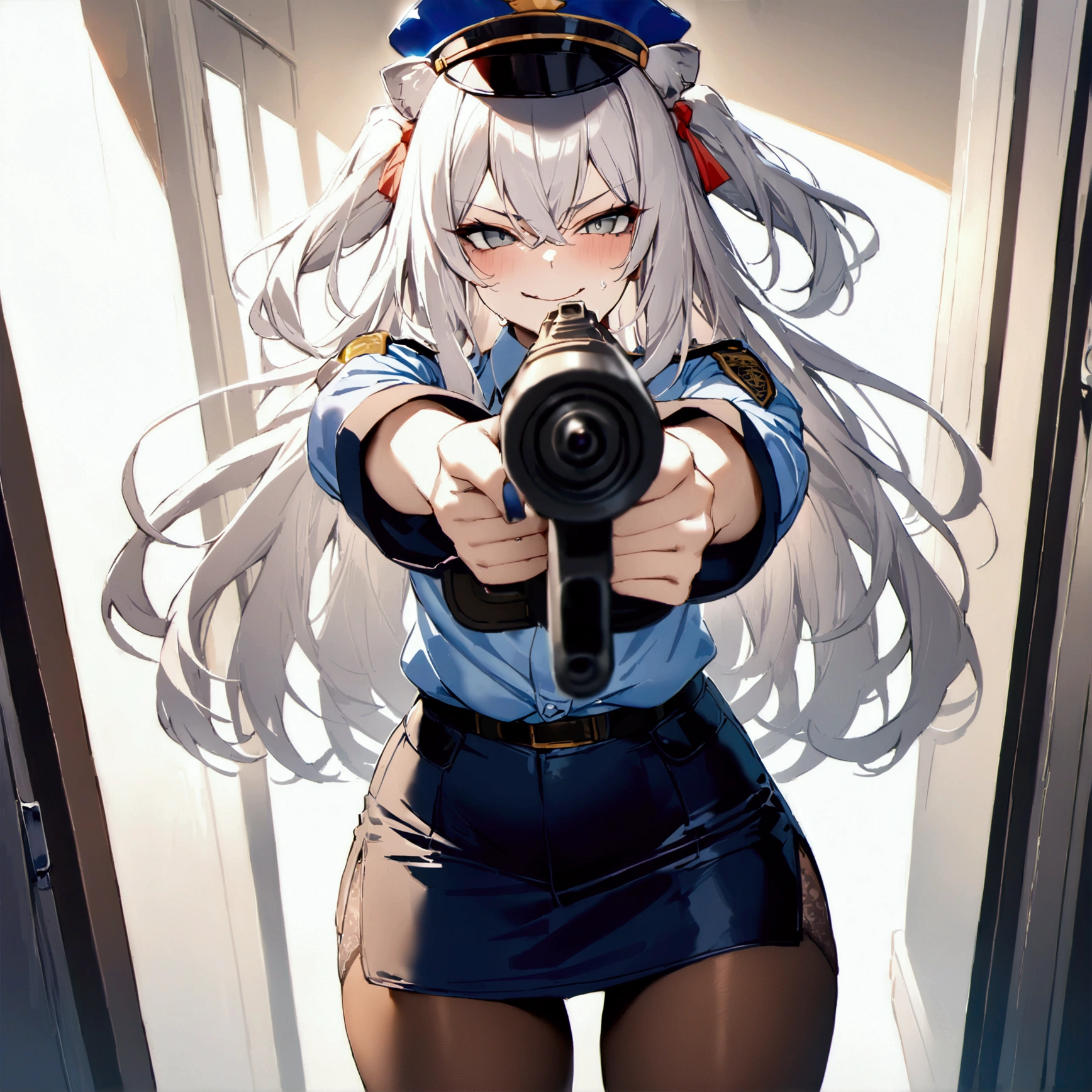 NSFW,masterpiece,Highest quality,High resolution,Super detailed,Shishirabotan\(Hololive\),Long Hair、Two Side Up,(((police costume))),lace panties,pantyhose,pencil skirt,evil smile,aiming pistol,standing,,looking viewer