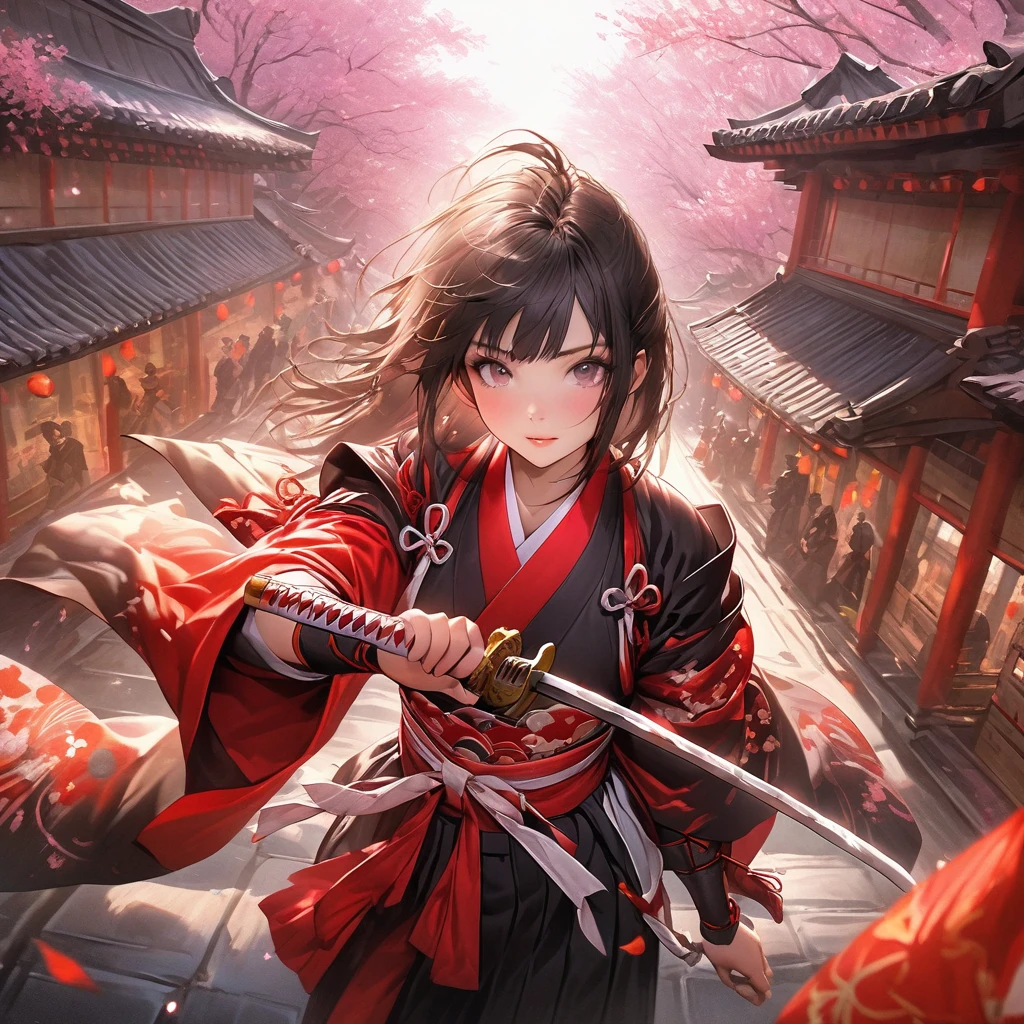 With rich vivid lush colors Beautifully drawn, high quality, ultra-detailedv Date Masamune as a young samurai, sword in hand, causing chaos, realistic depiction of a traditional Japanese setting"