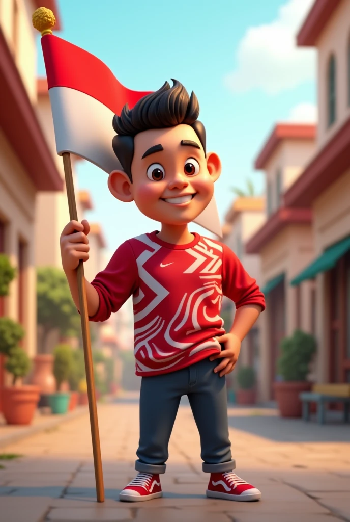 3D cartoon image , Cheerful style carrying the red and white flag of a handsome adult Indonesian man aged 30 years old, tall and fat, wearing a long-sleeved sports shirt with a red and white pattern, Happy Republic of Indonesia, casual , , high resolution 4K; realistic, original photo
