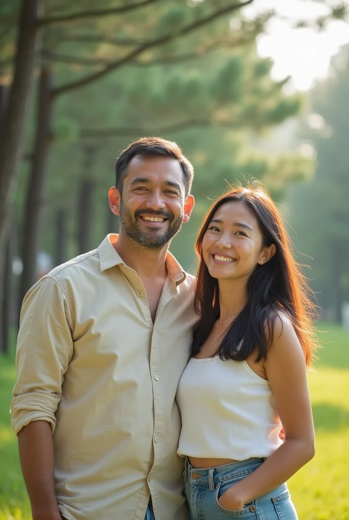 A full-body image of a good-looking Thai couple standing in front of their home, radiating happiness. The man, dressed in a casual t-shirt and jeans, stands behind the woman, gently embracing her from behind with a warm, loving smile. The woman, who is standing in front, is dressed in a crisp white blouse and a navy blue pencil skirt that reaches just to her knees. She leans comfortably into his embrace, her face also showing joy and contentment. They are positioned outside, in front of their house, with a car parked in the driveway, creating a familiar and welcoming atmosphere. The scene captures their full bodies and the peaceful, intimate moment they share